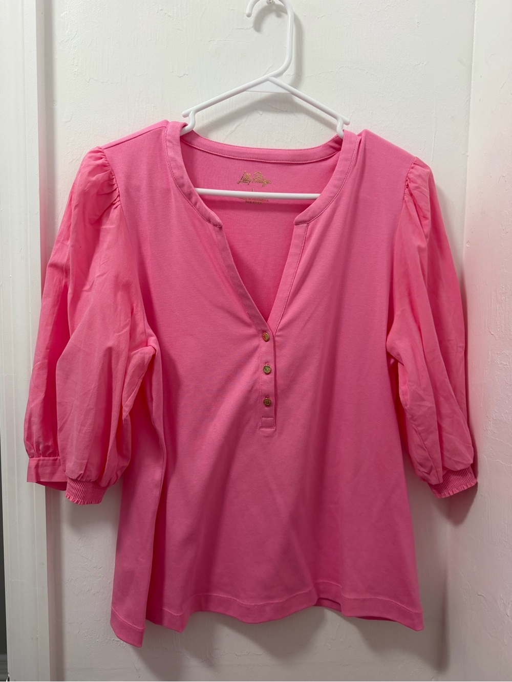 Lilly Pulitzer Bright Pink Henley Puff-Sleeve Tunic